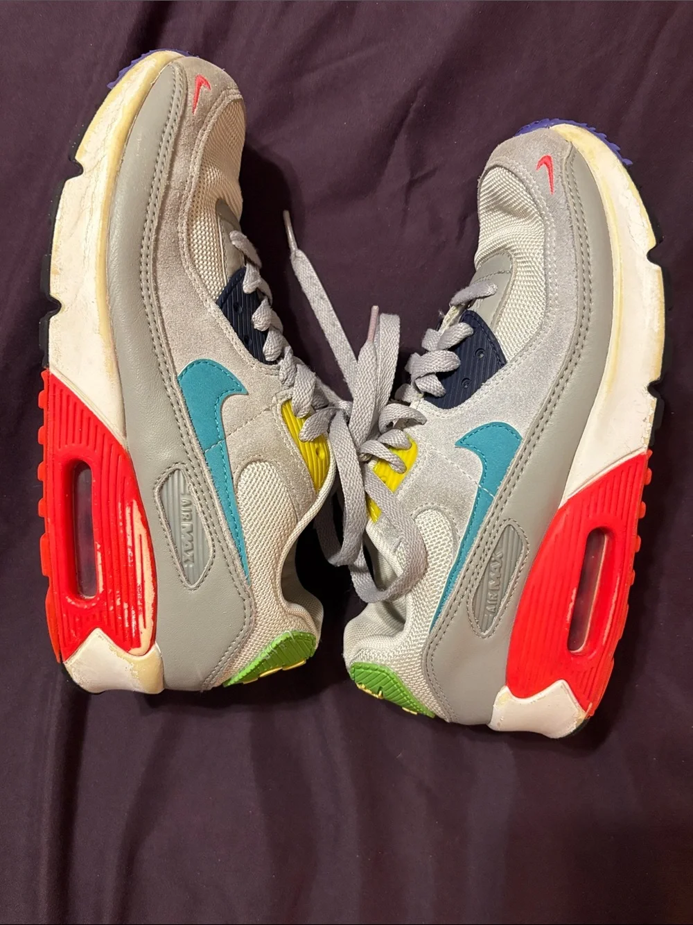 Nike Air Max 90s Kids Gray Sneakers with Teal, Neon Green & Red Accents size 5